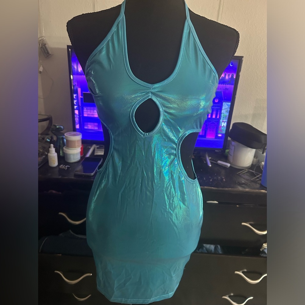 Blue shiny party halter dress, mini dress, sexy, size medium